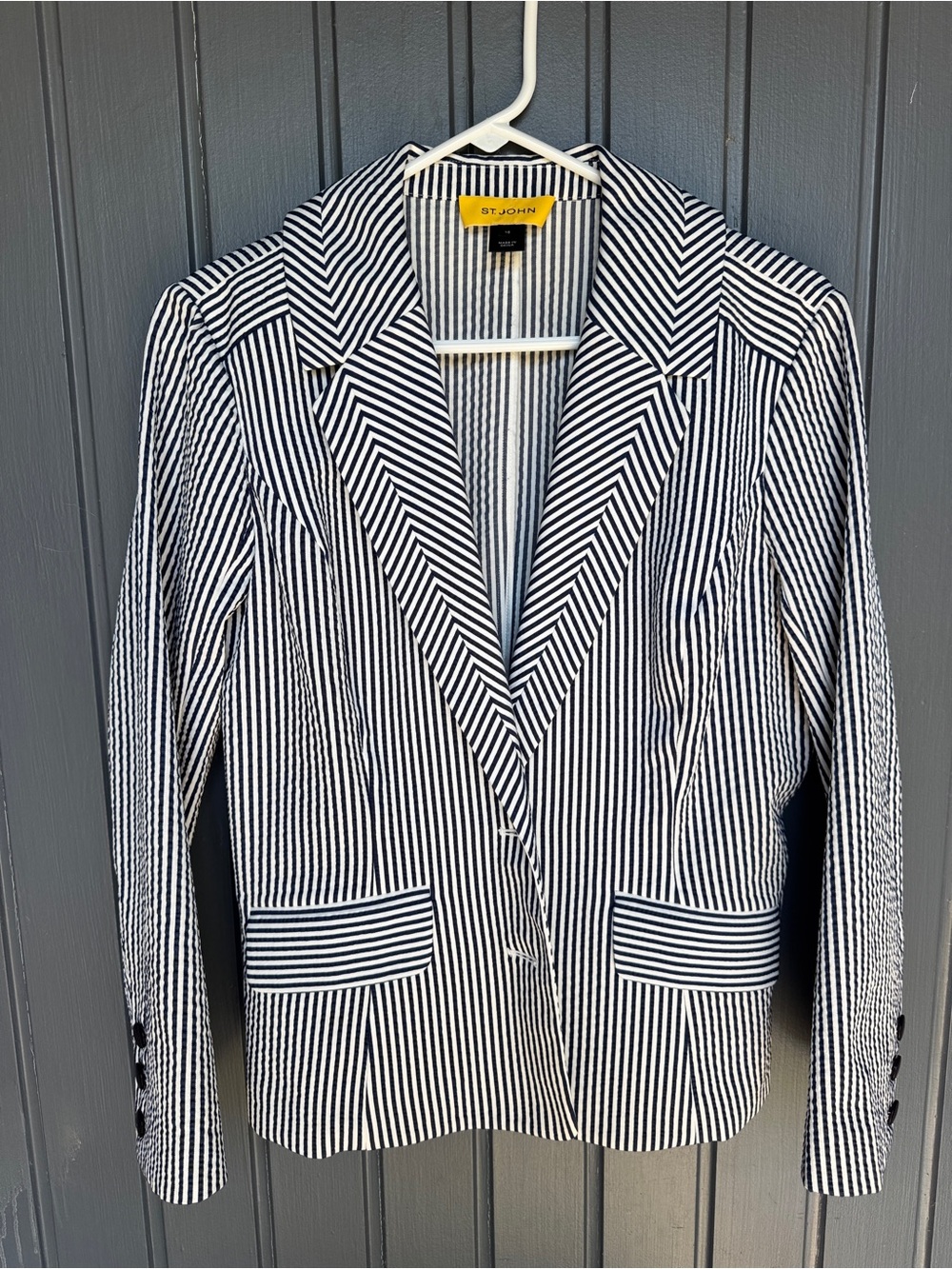 St. John Navy & White Seersucker Striped Blazer